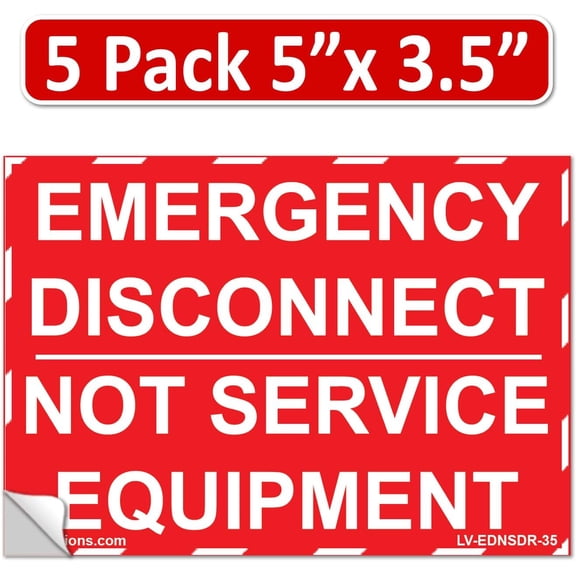 5-Pk 5"x 3.5" Red Emergency Disconnect NOT Service Equipment Label Sign Vinyl Elect NEC compliant