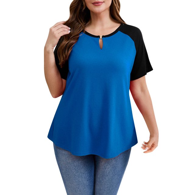 Maplenight Womens Plus Size Casual Tops Summer Color Block Short Sleeve Loose Polluer Solid Keyhole Neck Blouse Shirt