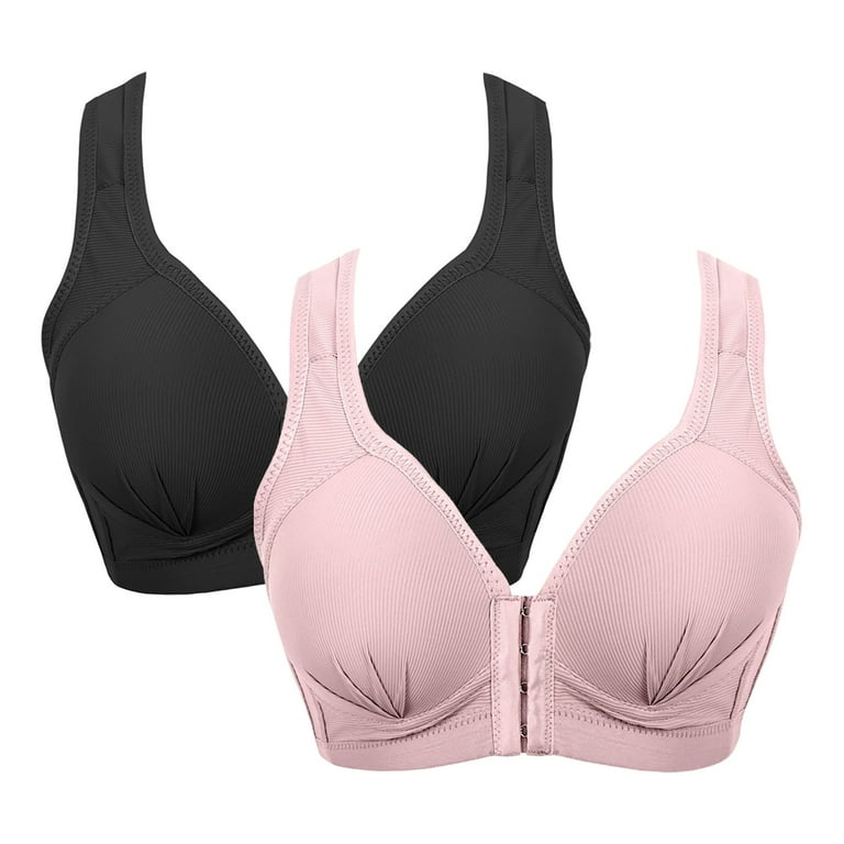 Qcmgmg Plus Size Bras No Wire Push Up Solid Color Front Closure Women's  Bras Full Coverage T-Shirt Bra 2 Pack