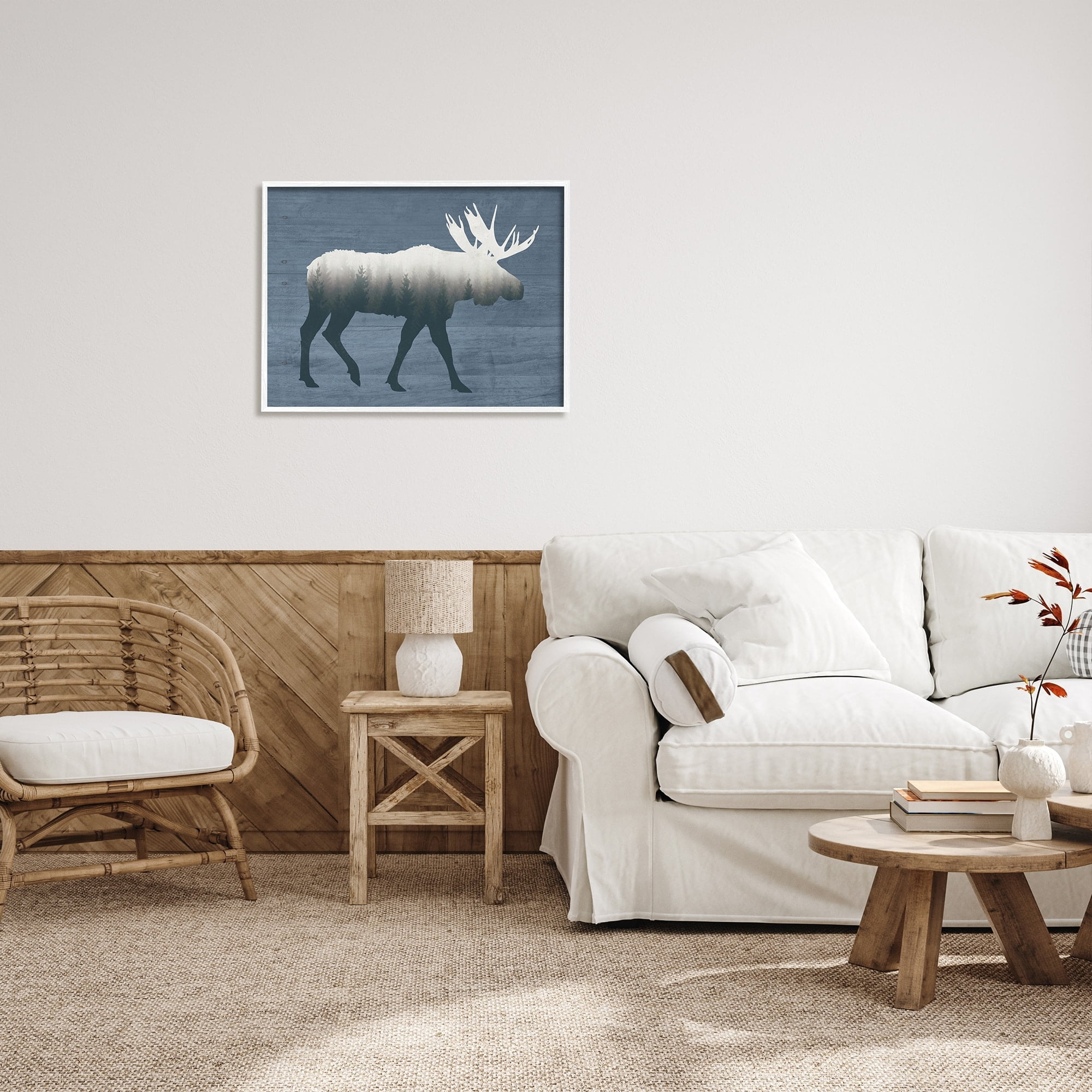 Stupell Industries Woodland Trees Within Moose Silhouette Rustic Animal Graphic Art White Framed Art Print Wall Art, Design by Lettered and Lined