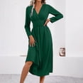 thumbnail image 6 of Guieoi Womens Dresses Long Sleeve Solid-Color High-Waisted Pleated V-Neck Dress Midi Dress Green XXL, 6 of 8