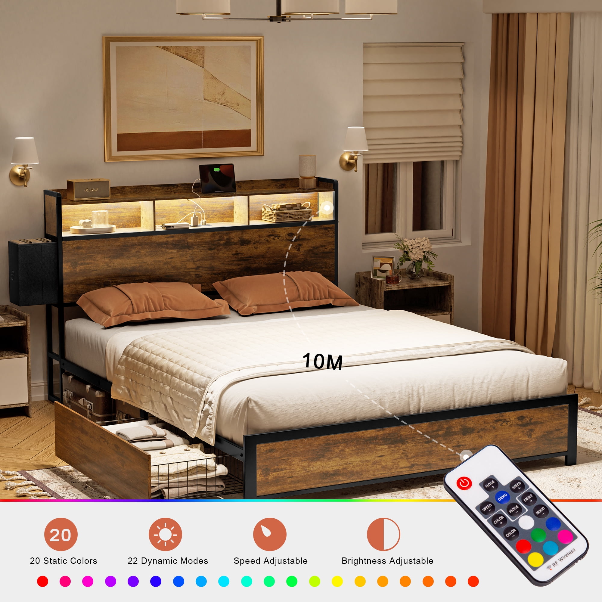GUNAITO Full Bed Frame with 2 Drawers Headboard Platform LED Bed Frame with 2 Storage Drawers USB Ports & Outlets Rustic Brown