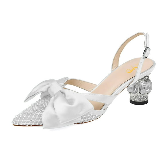 XYD Women Pointy Toe Slingback Pumps Satin Bowknot Chunky Low Heel Sandals Crystals Dress Wedding Shoes Size 7 White