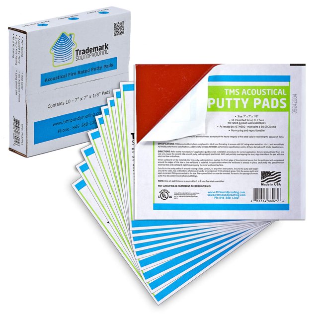 Sound and Fire Rated Acoustical Putty Pads - Box of 10, featuring red tacky putty pads measuring 7 x 7 x 1/8 inches. Designed for acoustical soundproofing and fire safety in walls, these peel-and-stick pads are flexible and easy to install around electrical outlet boxes. UL fire-rated for up to 2 hours and STC rating of 49 for effective noise reduction. Packaged in a branded box with Trademark Soundproofing logo, suitable for therapy or recovery applications requiring sound control and fire resistance.