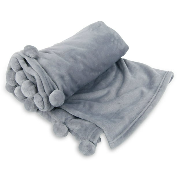 Cheer Collection Flannel Throw Blanket with Pom Poms