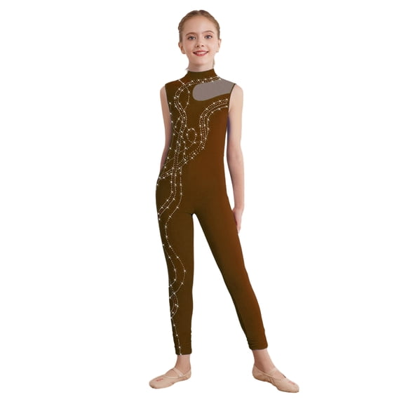 Aislor Girls Sleeveless Sparkly Rhinestone Full Body Unitard Gymnastics Dance Leotard Skating Jumpsuit Bodysuit Brown 6