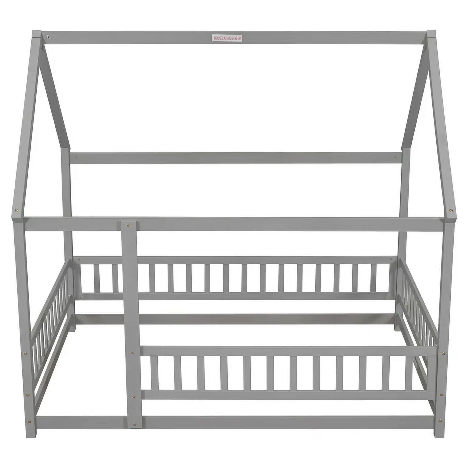 Full Size House Floor Bed, Wood Montessori Bed Frame with Fence Guardrails, House Beds Frame No Box Spring Needed（Full, Gray)
