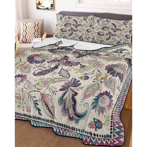 Purple Teal Ethnic Twin Size Down Alternative Comforter, Lightweight Comforter Quilt Bedding Set with Pillow Shams Boho Modern Geometric Abstract Art All Seasons Bed Comforter Duvet Insert 68"x86"