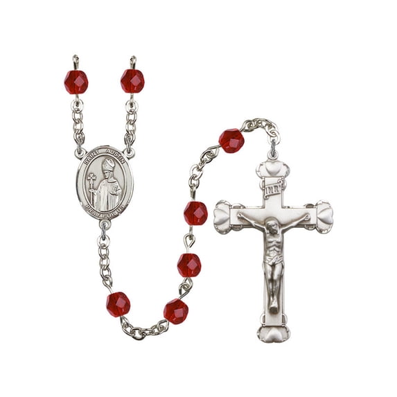 St. Austin Silver-Plated Rosary 6mm July Red Fire Polished Beads Crucifix Size 1 5/8 x 1 medal charm