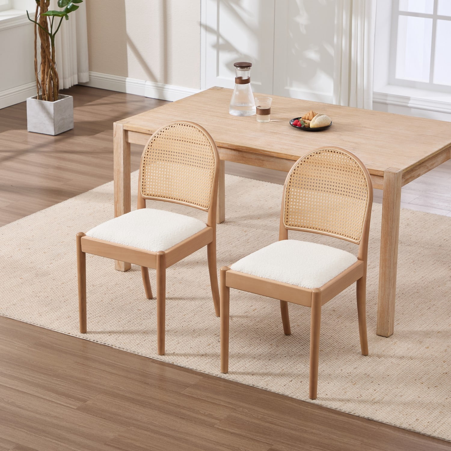 Rattan Dining Chairs Set of 2 Upholstered Linen Dining Room Chairs with Wood Legs & Backrests, Modern Kitchen Side Chairs for Dining Room, Beige