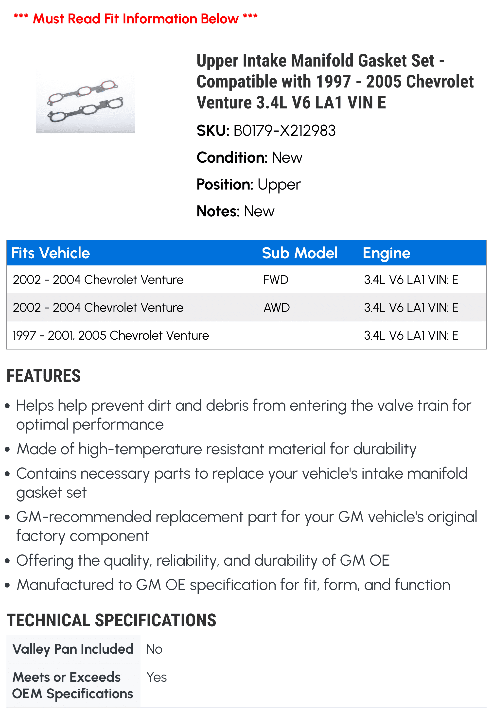 Upper Intake Manifold Gasket Set - Compatible with 1997 - 2005 Chevrolet Venture 3.4L V6 LA1 VIN E - AC Delco