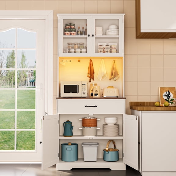Asofer 71" H Farmhouse Pantry Cabinet with LED Lights, Charging Station, Doors & Drawers, Retro