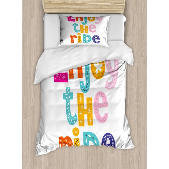 Enjoy the Ride Duvet Cover Set Twin Size, Colorful and Childish Typography Design Flowers Stars and Geometric Shapes, Decorative 2 Piece Bedding Set with 1 Pillow Sham, Multicolor, by Ambesonne