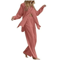 Turilly Two Piece Outfits for Women Women's Solid Button Long Sleeve Shirt Blouse And Pants Set With Pocket