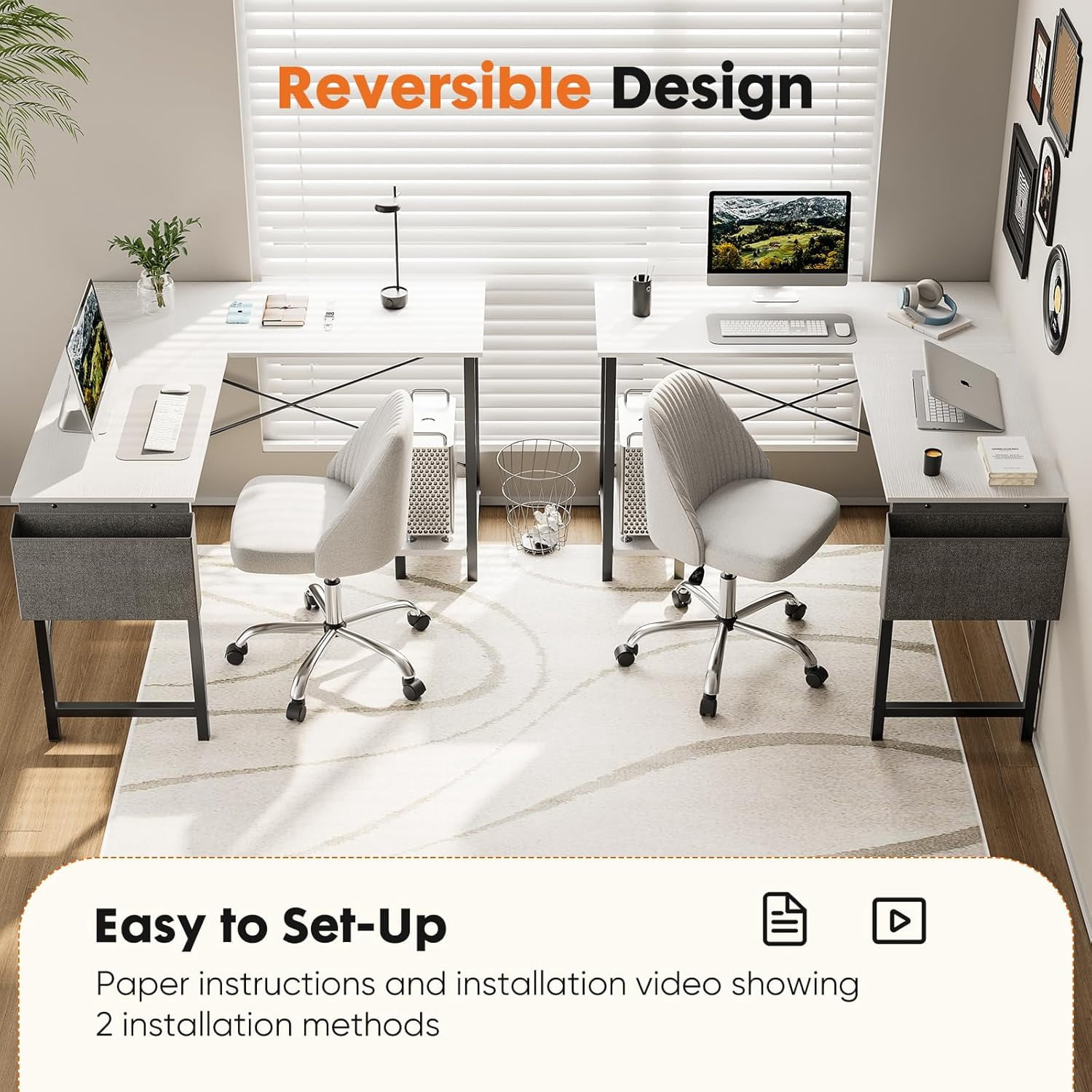 Bigleap L Shaped Computer Desk - Gaming Table Corner Desk 50 Inch PC White Writing Desk Study Desks with Wooden Desktop CPU Stand Side Bag Reversible for Home Office Room Small Space, White