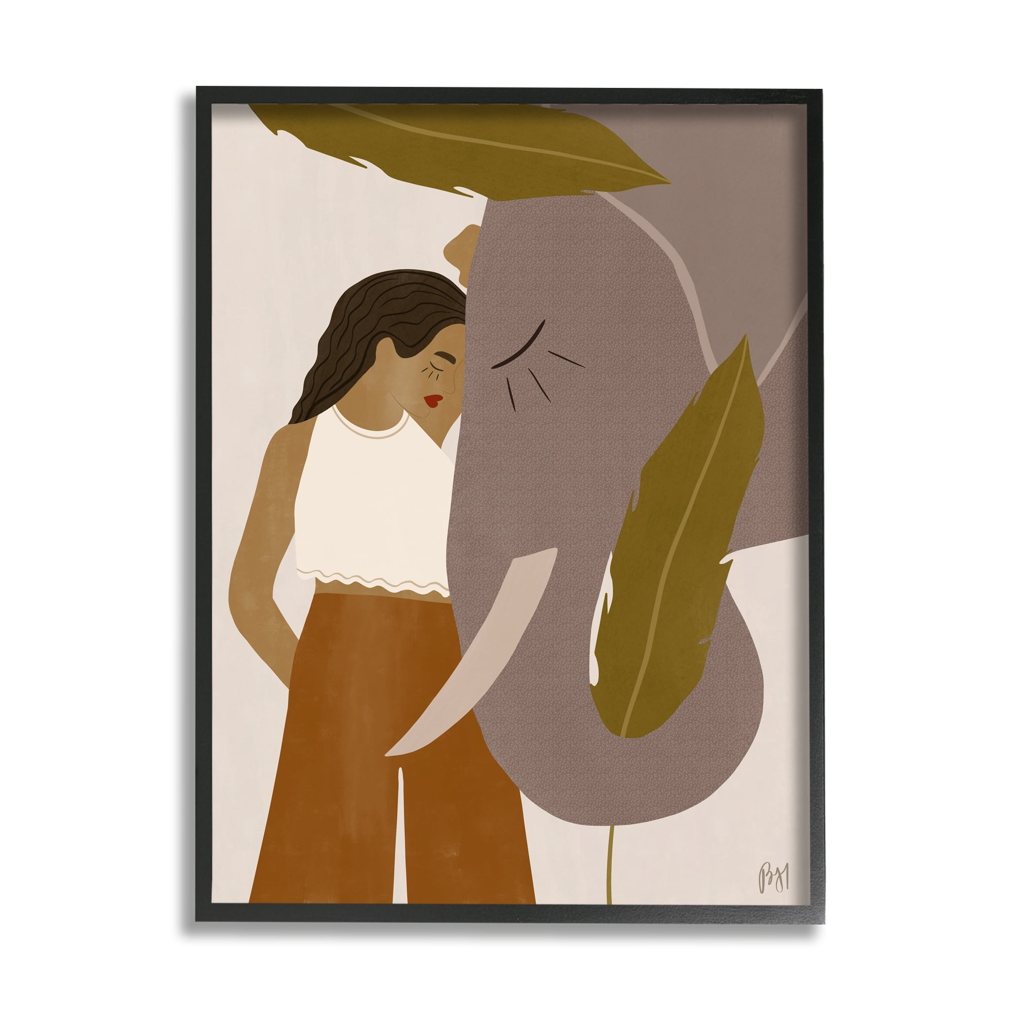 Stupell Indtries Female Standing with Elephant Earth Tone Portrait,16 x 20,Design by Birch&Ink