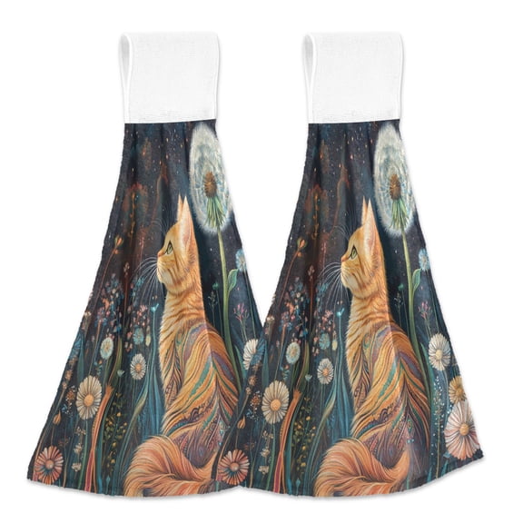 BZSMCE Hanging Hand Towels Fashion The Dandelion Cat Pattern 2-Pack - Velcro Style Bathroom Kitchen Towels