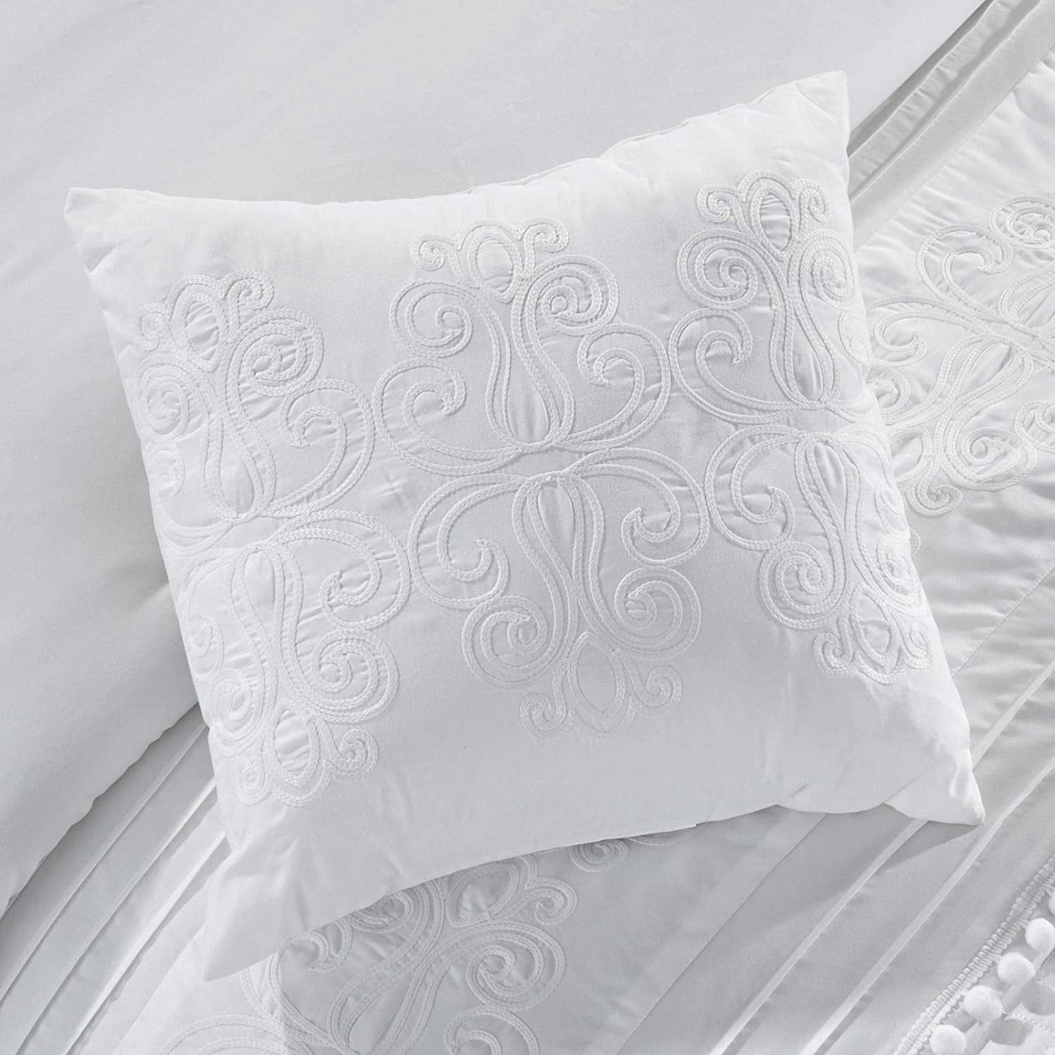 Chezmoi Collection 7-Piece Graceful White Floral Chenille Pom Pom Embroidery Comforter Set, Full