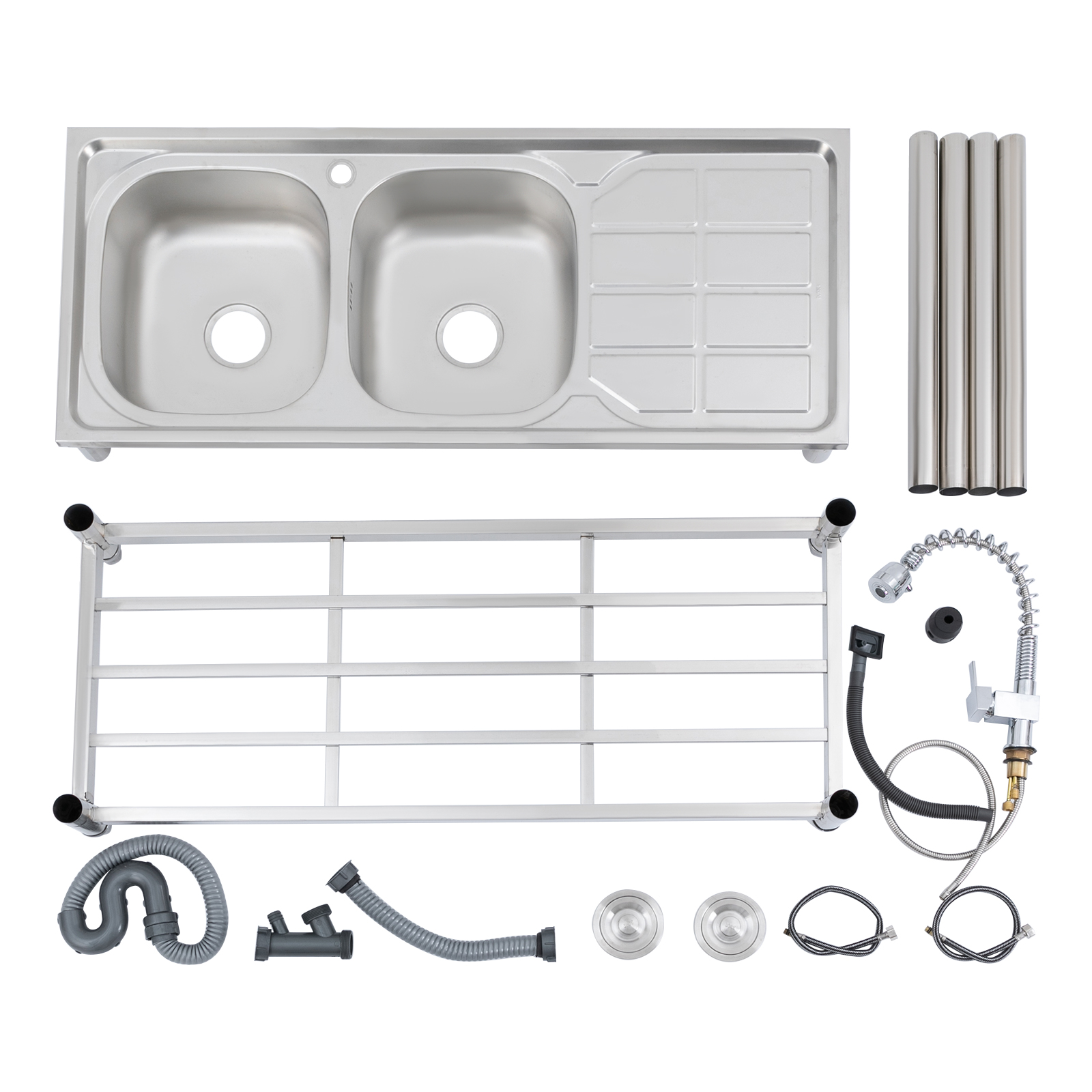 TFCFL Double Bowls Utility Sink Commercial Stainless Steel Kitchen Sink Prep Table with Pull-out Faucet & Bottom Shelf