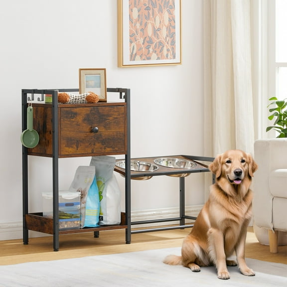 HOOBRO Pet Feeding Station, Elevated Dog Bowls, Height Adjustable Dog Bowl Stand with 2 Stainless Steel Bowls, Drawer and Hooks, Raised Dog Feeding Station, for Large, Medium and Small Dogs BF33PO03