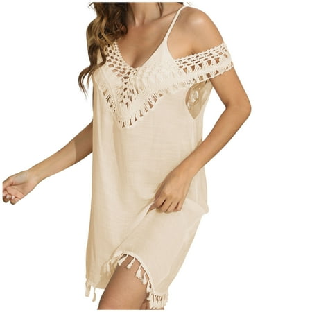 Zpanxa Bathing Suit Cover up for Women Bathing Suit Bikini Swimsuit Coverup Tassels Beach Crochet Loose Hollow Out Coverup Skirt Beige One Size