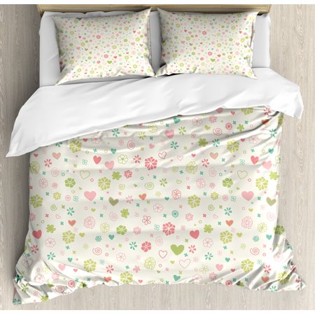 Baby Duvet Cover Set Romantic Blooming Flowers Hearts Vintage