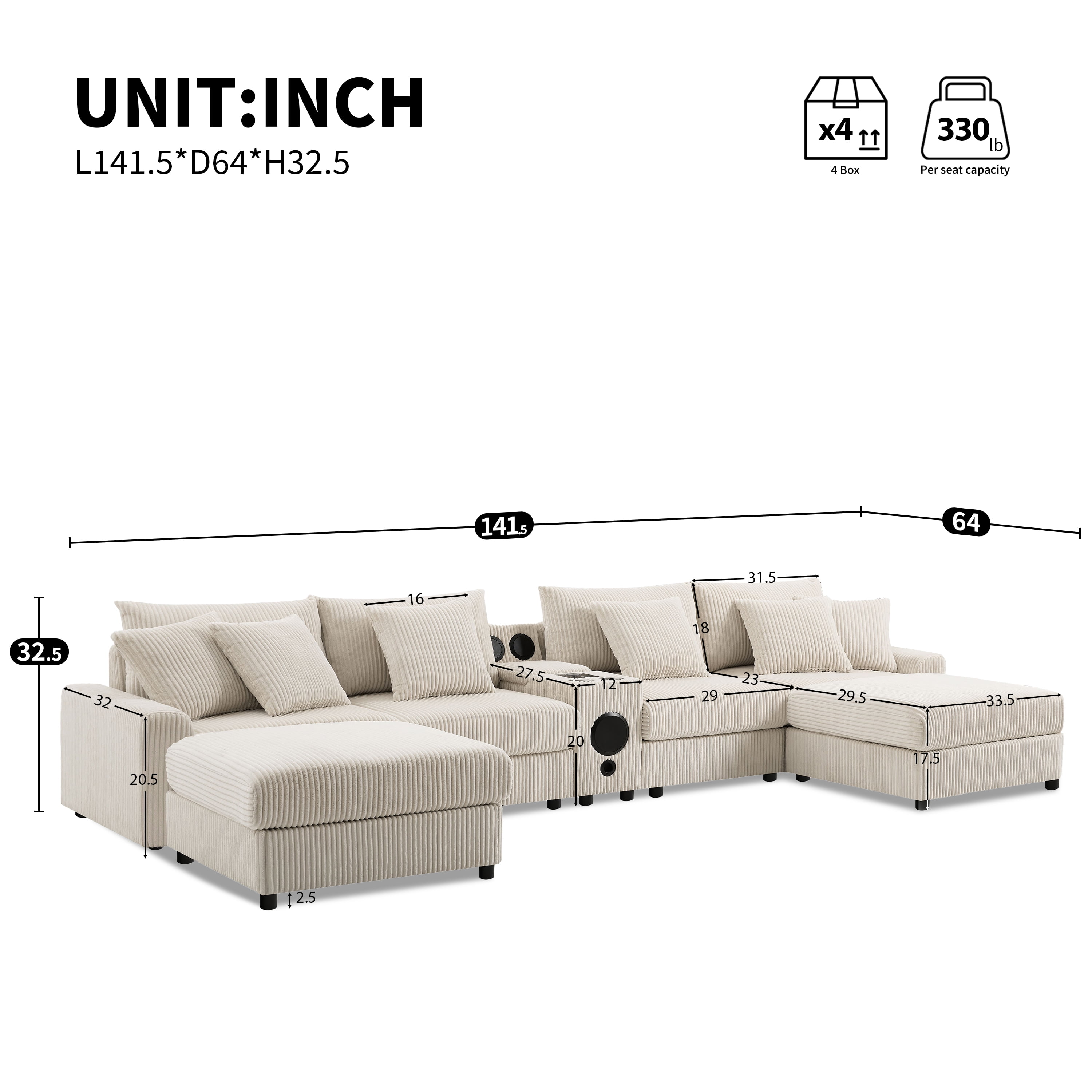 Sectional Sofa, Modular Sofa, U-Shape Couch, Corduroy Sofa with Console, Integrated Audio and Movable Ottoman, Cream