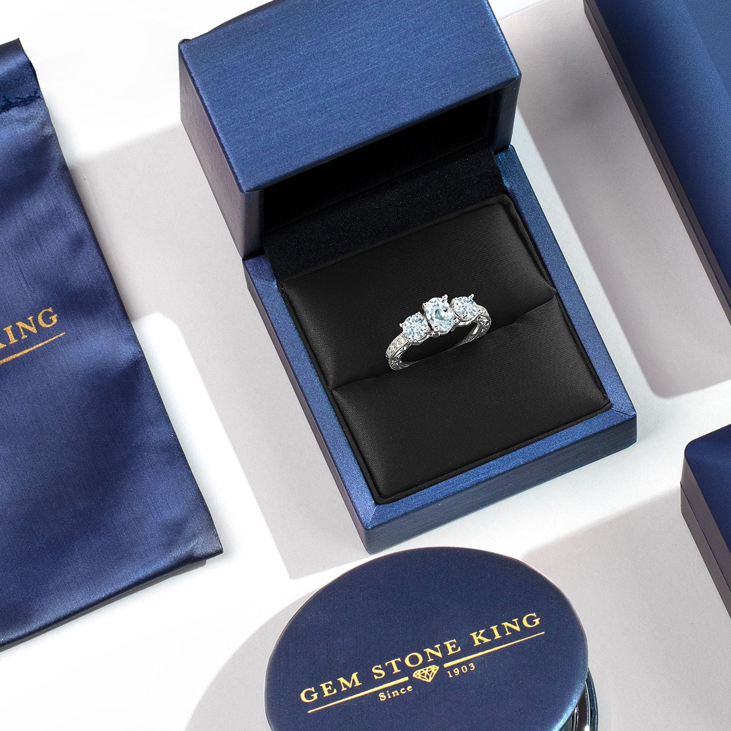Gem Stone King 1.87 Cttw Sky Blue Aquamarine 3-Stone Engagement Ring for Women | 925 Sterling Silver | Oval 7X5MM and Round 5MM | Three Stone Wedding Anniversary Promise Ring | Size 9