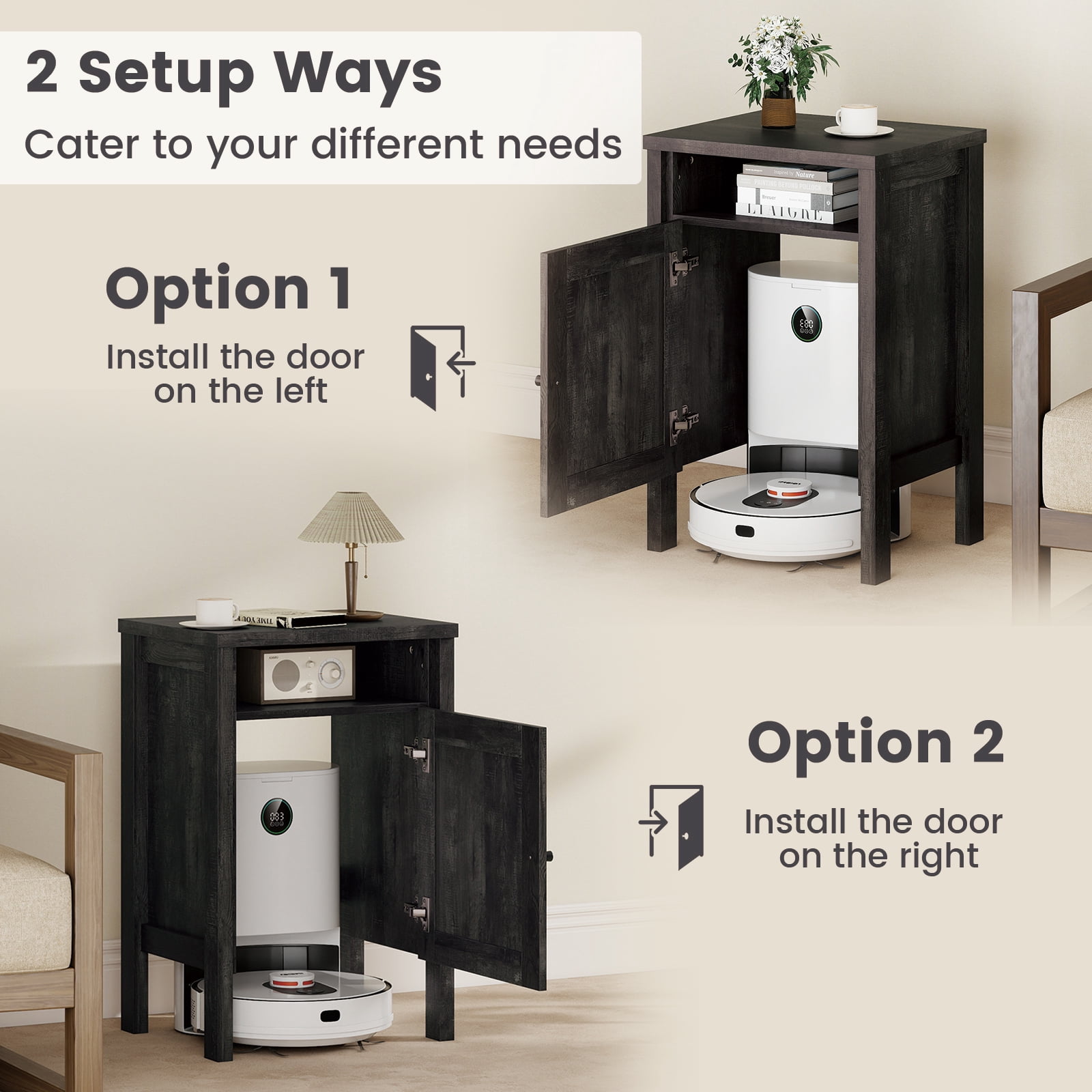 Gymax Robot Vacuum Stand Cabinet w/ Door & Open Shelf for Home Office Living Room Dark Grey