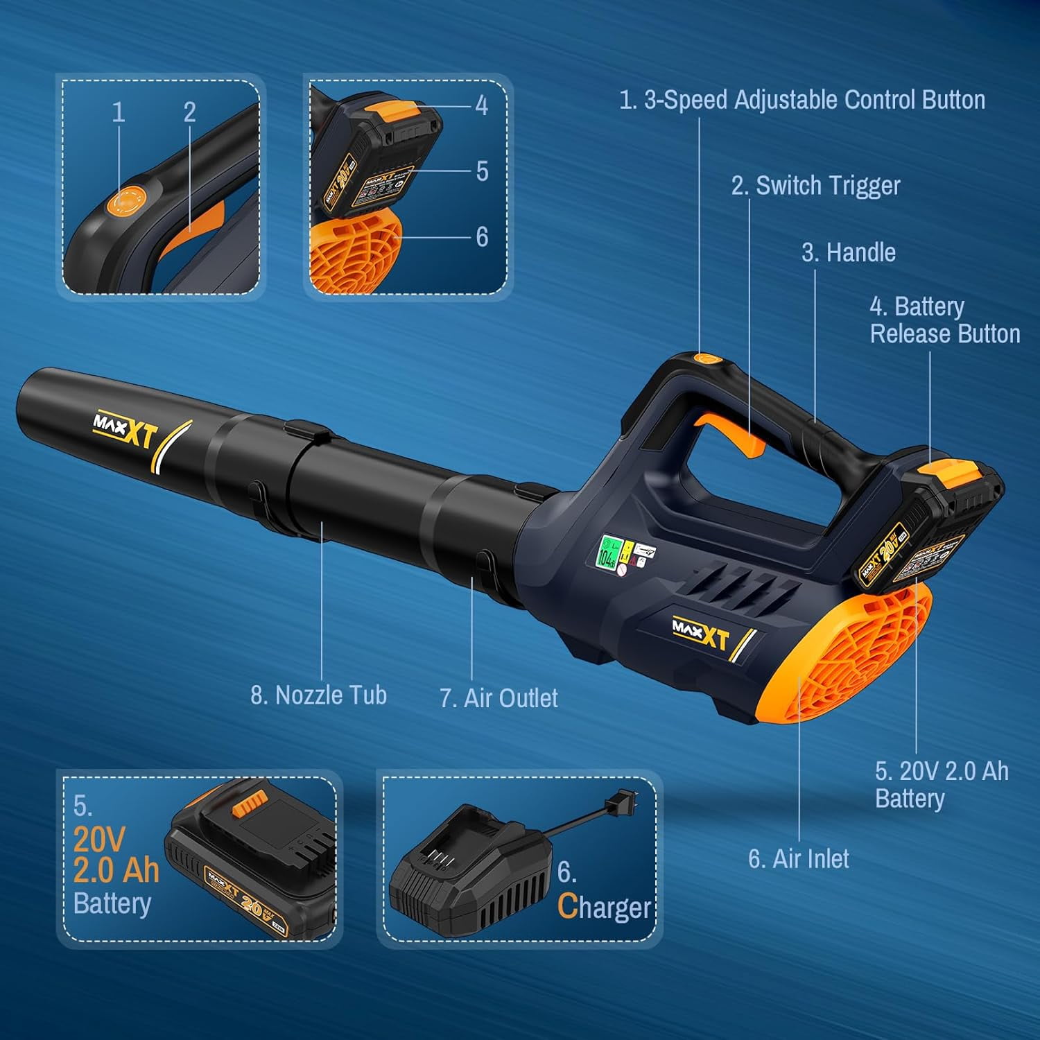 Cordless Leaf Blower, MAXXT 20V Battery Powered Blower with 2.0Ah Battery 90MPH 360CFM 3 Speed, Brushless Handheld Electric Leaf Blowers for Snow Blowing & Lawn Care Yard Cleaning