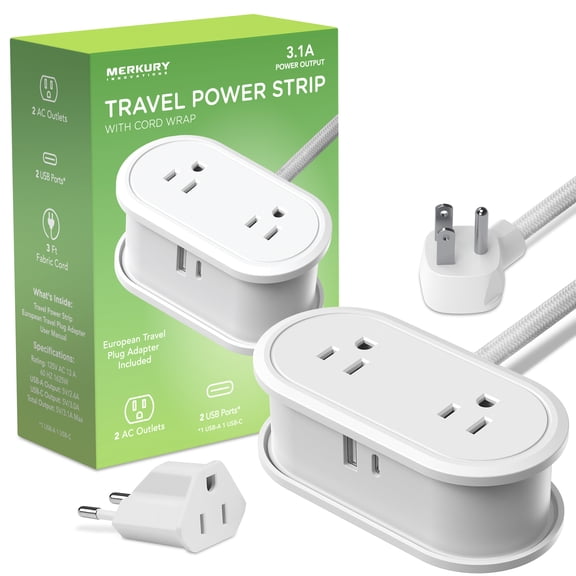 Merkury Portable Travel Power Strip with Dual AC Outlets and USB Ports, 3ft Cord, White