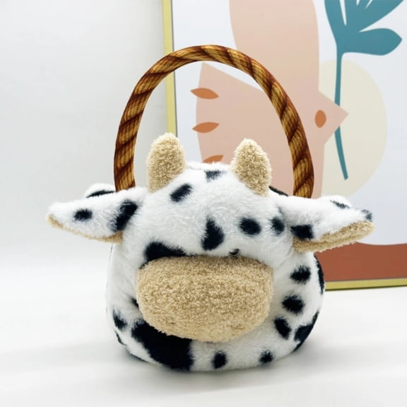 Cute Cow Plush Basket for Easter, 12.5" Spotted Stuffed Animal Tote with Handle, Soft Toy Storage for Home Decor, Unique Easter Gifts A