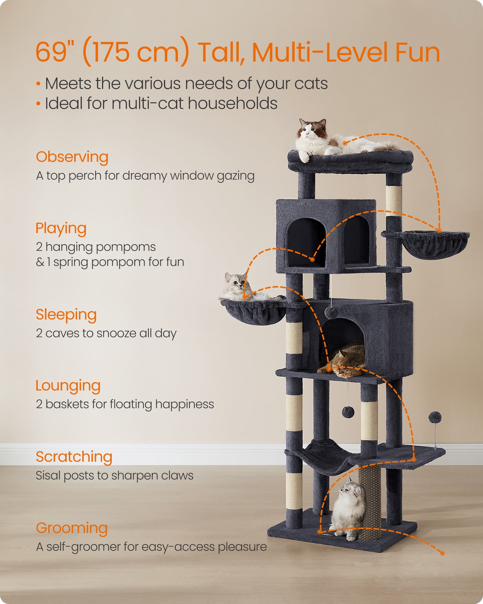 69 Inch Tall Cat Tree Tower for Indoor Cats, Multi-Level Cat Condo with 2 Caves, 2 Baskets, 5 Scratching Posts, Self-Groomer, Perch, and Hammock, Dark Gray