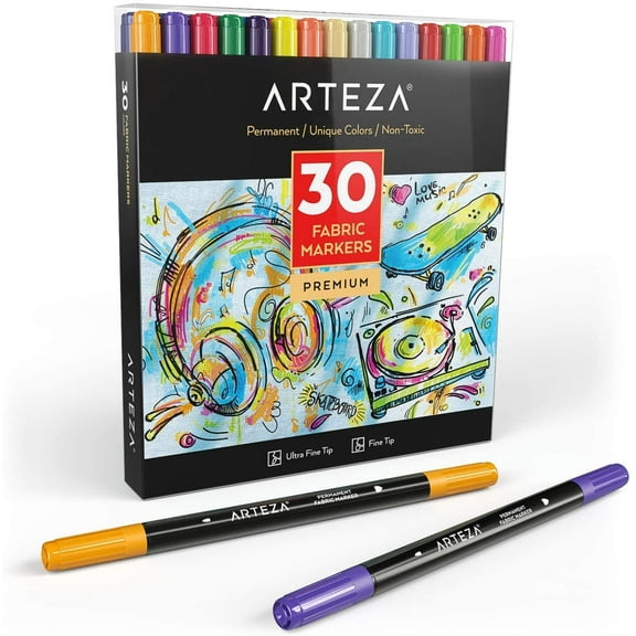 Arteza Dual Tip Fabric Markers Art Supply Set - 30 Colors