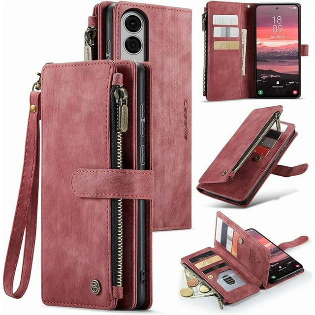 Funda billetera Samsung Galaxy S25 FE 5G con Tarjetero, Soporte, Bolsillo Magnético con Cremallera, Correa de Cordón, Muñequera, Funda de Cuero con Tapa para Samsung Galaxy S25 FE 5G 6.7 Pulgadas