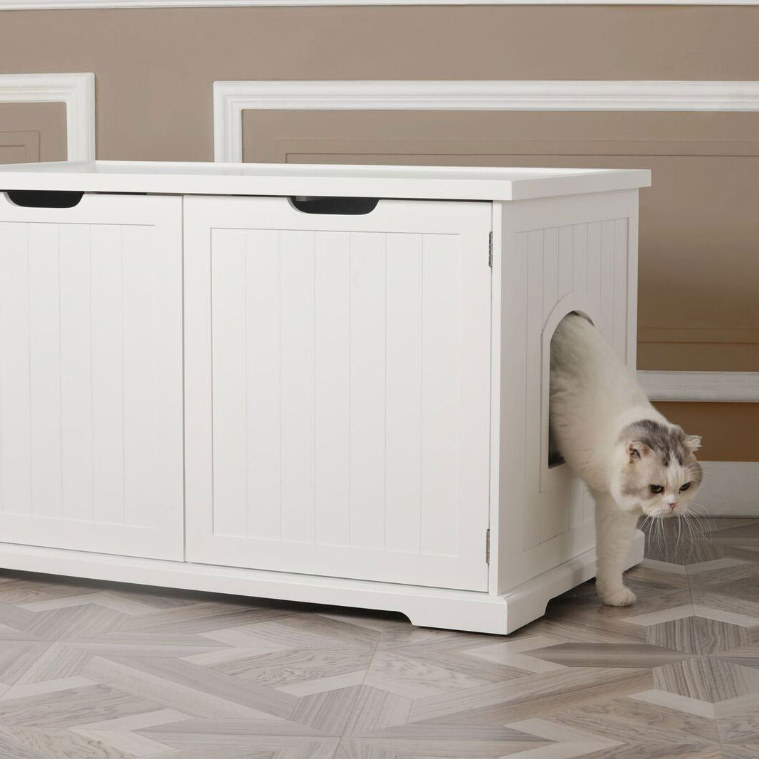 Extra Large Cat Litter Box Enclosure Pet House Furniture Cozy White