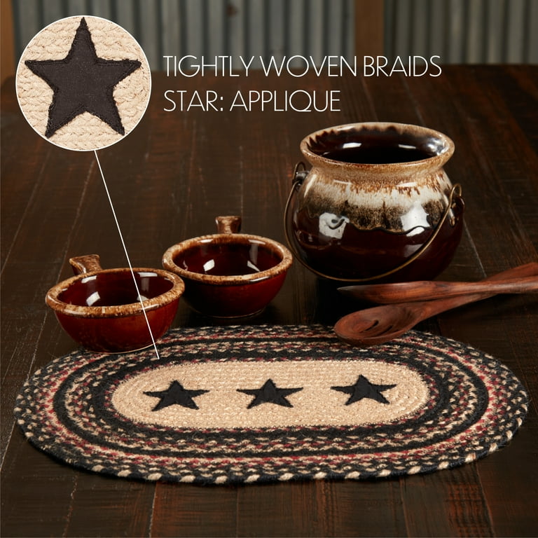 VHC Brands Primitive Colonial Star Table Placemat Tan Black Red Jute Blend Oval 10x15 Inches VHC Brands Primitive Colonial Star Table Placemat Tan Black Red Jute Blend Oval 10x15 Inches