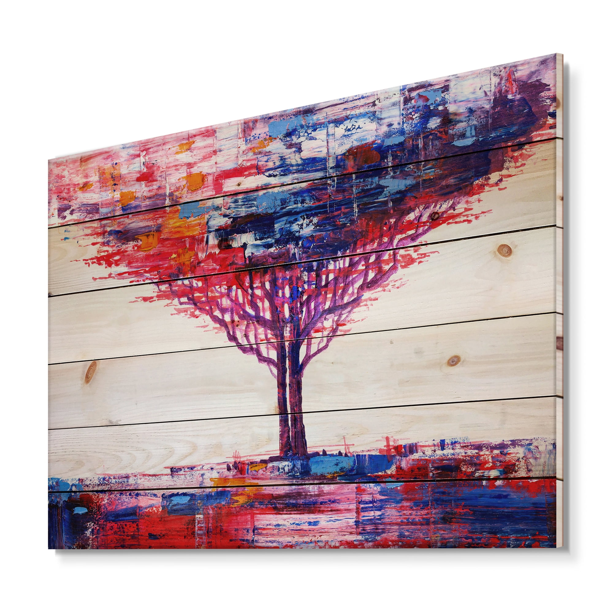 Designart 'Abstract Colorful Tree Impressionist On A White' Modern Print on Natural Pine Wood