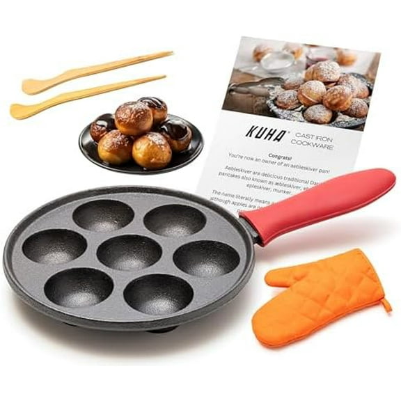 Cast Iron Aebleskiver Pan – Authentic Danish Pancake Maker for Aebleskiver, Poffertjes, Takoyaki, Appam, Kuli Paniyaram – Pre-Seasoned Cast Iron for Gas & Electric Stovetops & Campfire$$