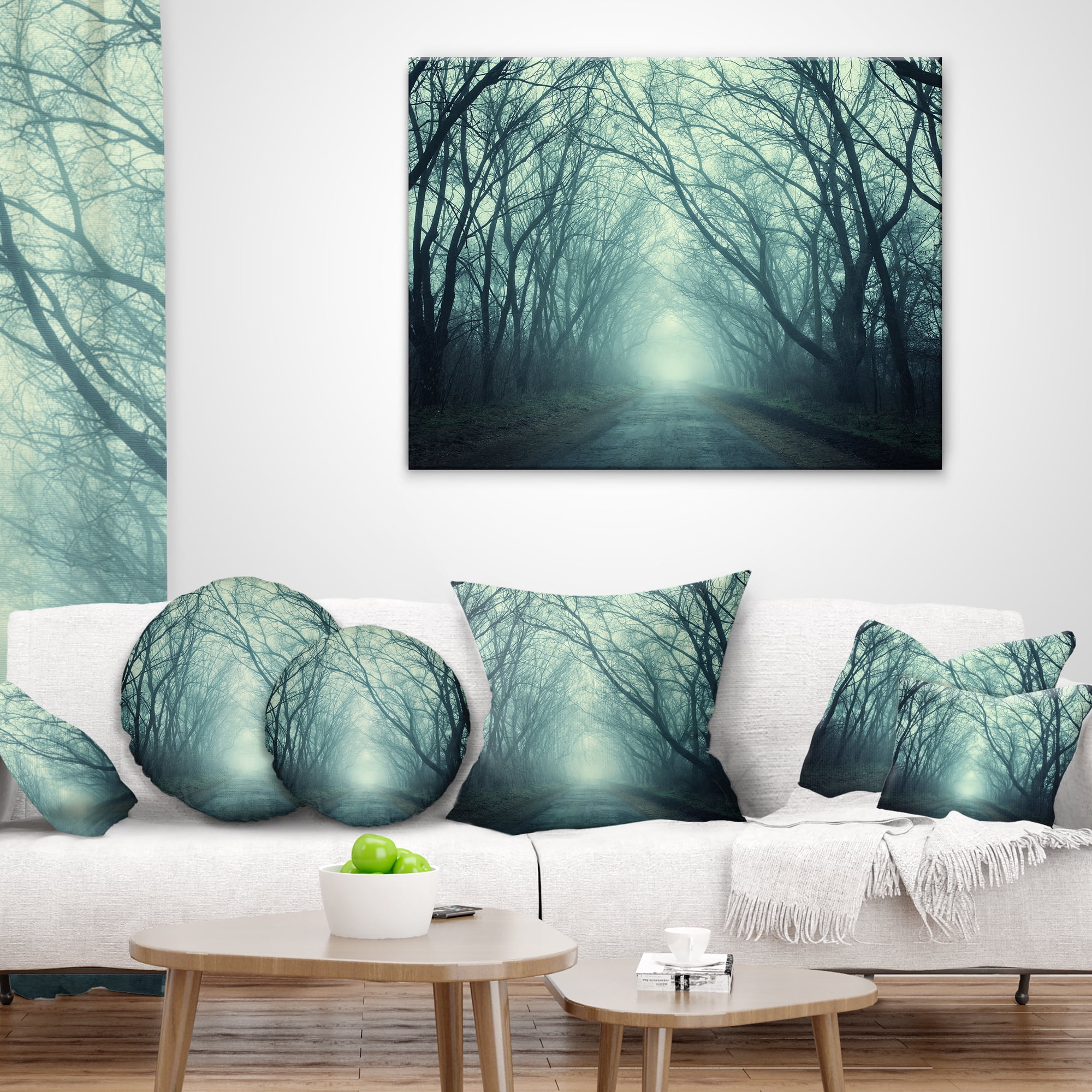 Designart Scary Forest with Green Light - Landscape Photography Throw Pillow - 16x16