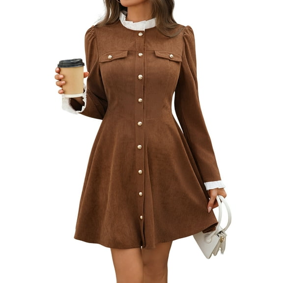 Women Vintage Corduroy Dress Ruffled Trim Crew Neck Long Sleeve A-Line Midi Dress Button Jumper Fall Outfit Brown S