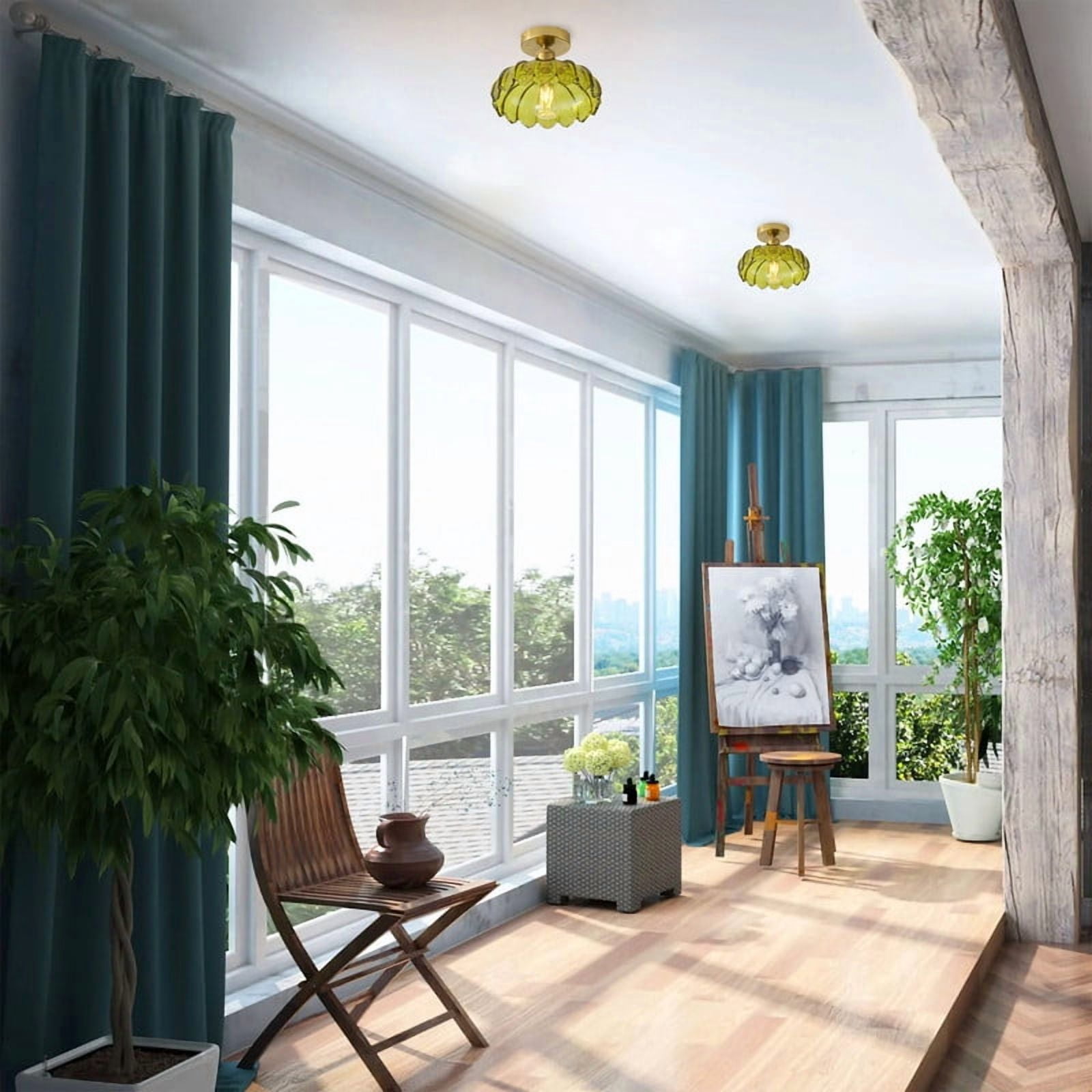 Boho Semi Flush Mount Ceiling Light with Green Glass Shade - Retro Petal Shade Close to Ceiling Light for Hallway,,Living Room & Balcony (9.84")