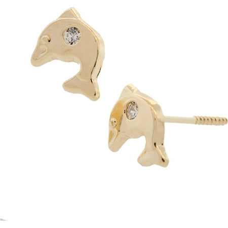 Pori Jewelers 14K Solid Gold Dolphin Clear Cz Stud Earrings