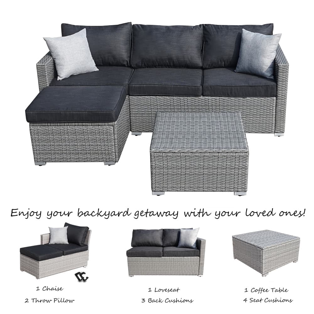 SUNTONE Patio Conversation Sofa Set - 3 Piece All Weather Wicker Outdoor Furniture Set, Gray Rattan & Black Cushions