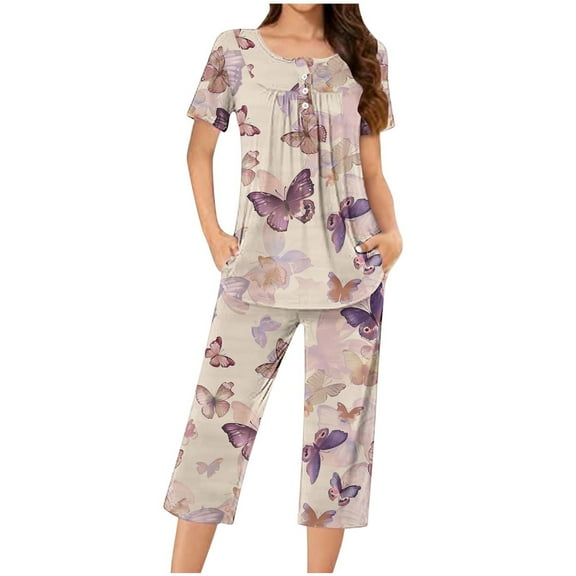 Jamicy Pajama Set for Women Fashion Casual Loose Printed Round Neck Short Sleeve Button Capri Pants Comfortable Ladies Pajamas Set
