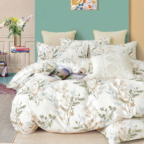 100% Cotton Comforter – 3 Piece Botanical Printed Bed Comforter Set with Pillowcases, Soft Lightweight All Season Bedding Set, Cottagecore Aesthetic Natural Floral Bedding