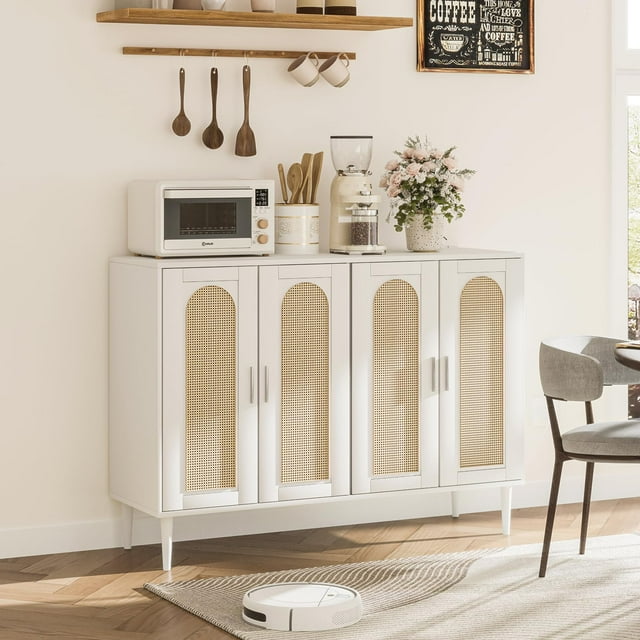 TROPOW Sideboard Buffet Cabinet, 4 Rattan Doors Accent Storage Cabinet, Console Table Coffee Bar with Power Outlet, Adjustable Shelves for Dining Room, Kitchen, Hallway, Living Room - White