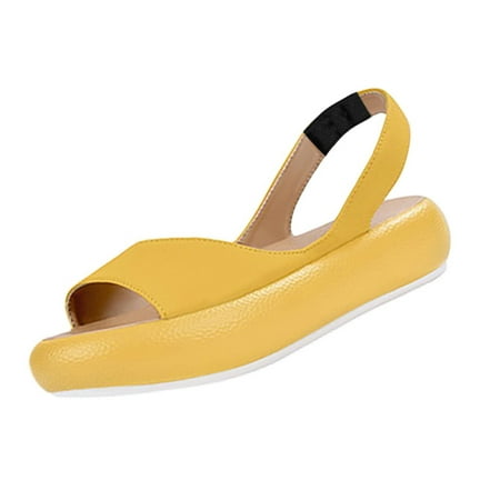 

Womens Sandals Solid Leather Open Toe Elastic Band Shoes Yellow 39