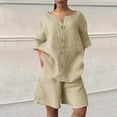 thumbnail image 5 of QATAINLAV Cotton Linen 2 Piece Outfits for Women Plus Size Loose Summer Lounge Set Casual Button Short Sleeve Tops and Bermuda Shorts Vacation Clothes Beige XXL, 5 of 10