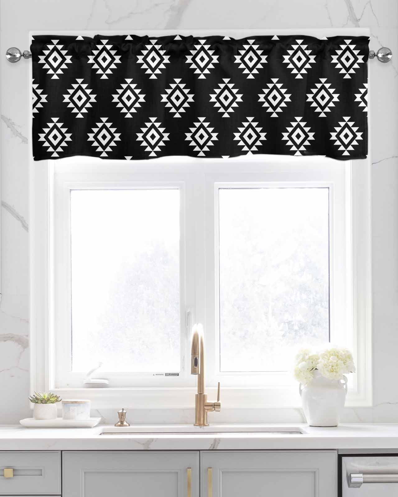 Black Boho Geometric Kitchen Valances for Windows Farmhouse Linen Window Valance Curtain for Living Room Window Treatment Retro Simple Ethnic Abstract Motifs Valance Rod Pocket Topper, 54 x 18 Inch